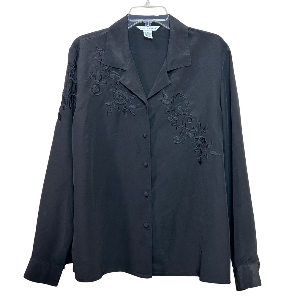 Black Blouse Womens 16 Floral Embroidered Button Long Sleeve Whimsigoth Romantic
